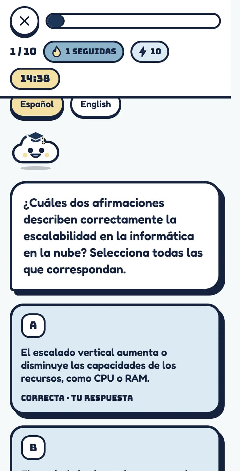 Cert Buddy: una pregunta de práctica de AZ-900 respondida correctamente, con Nubi celebrando